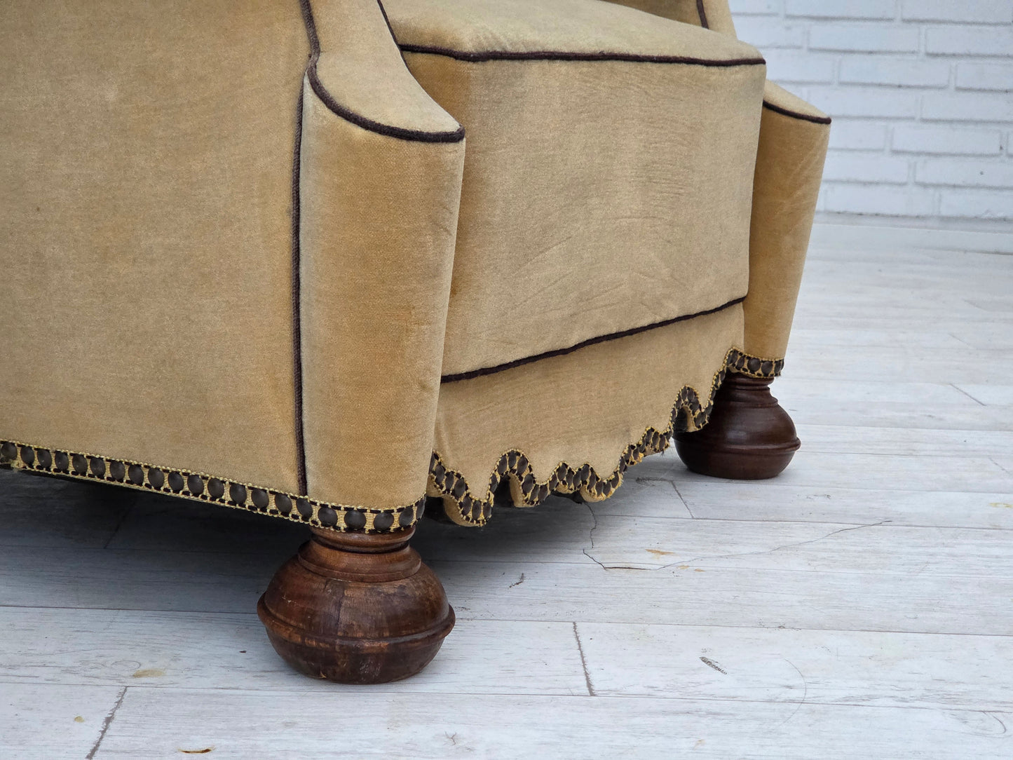 1950s, Danish relax chair, furniture velour with patina, oak wood legs.