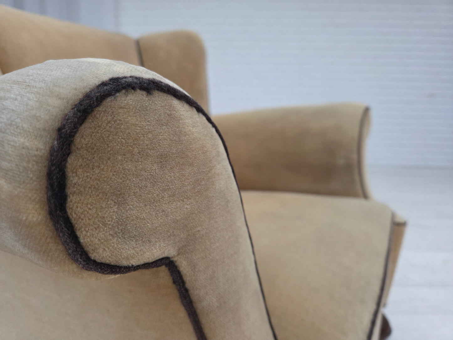 1950s, Danish relax chair, furniture velour with patina, oak wood legs.