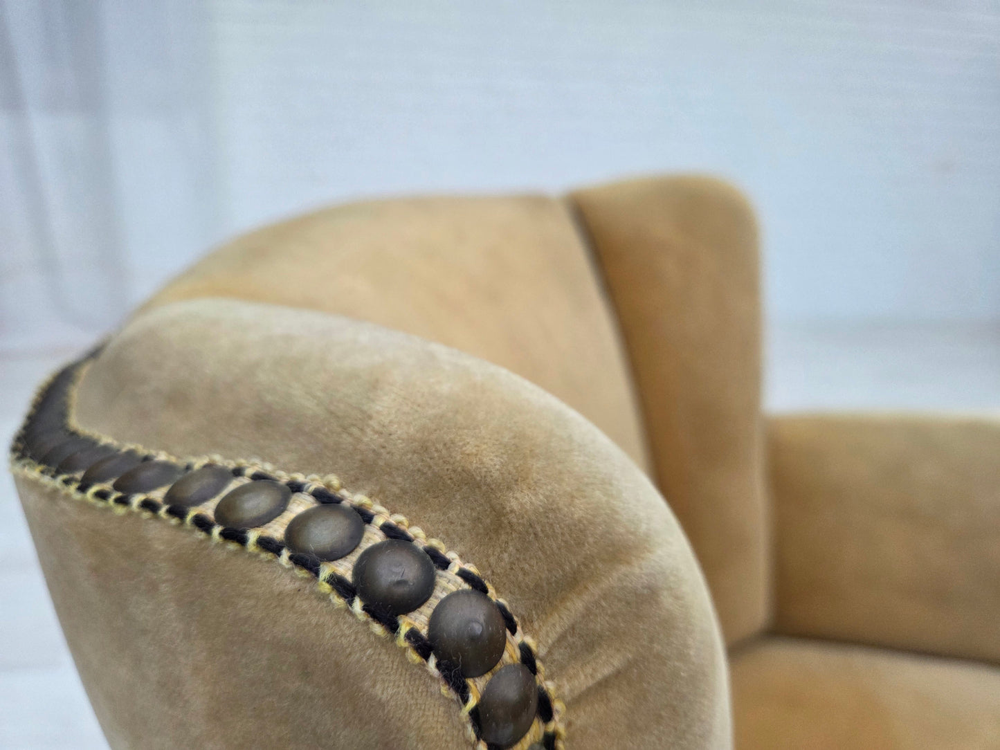 1950s, Danish relax chair, furniture velour with patina, oak wood legs.