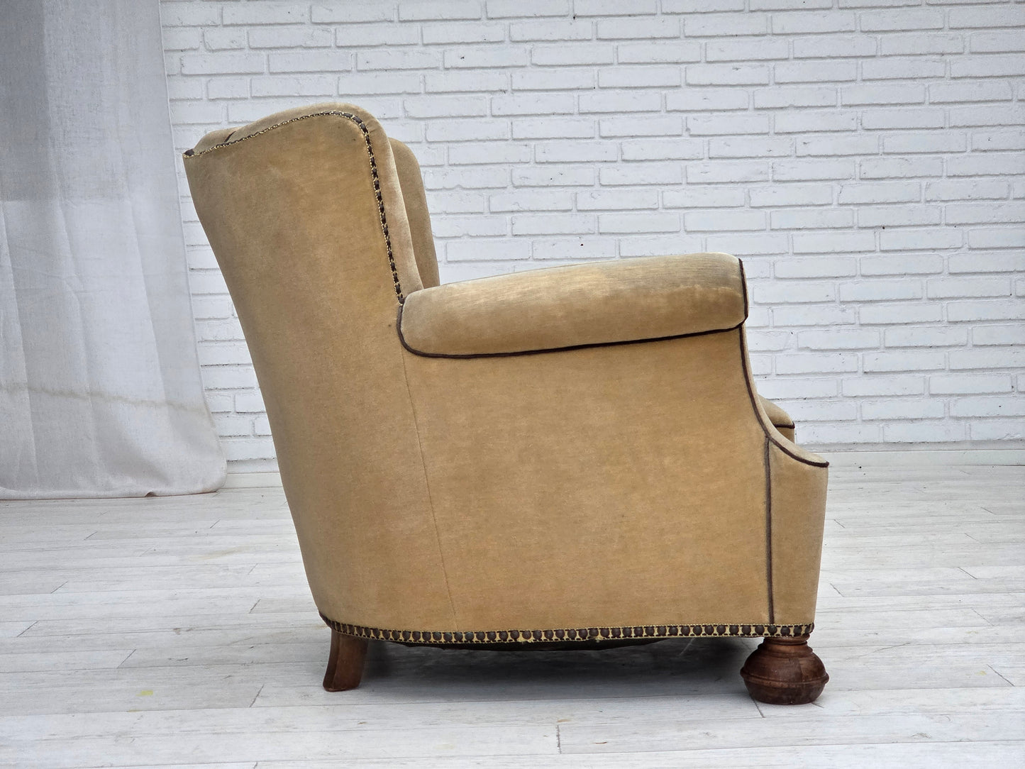 1950s, Danish relax chair, furniture velour with patina, oak wood legs.