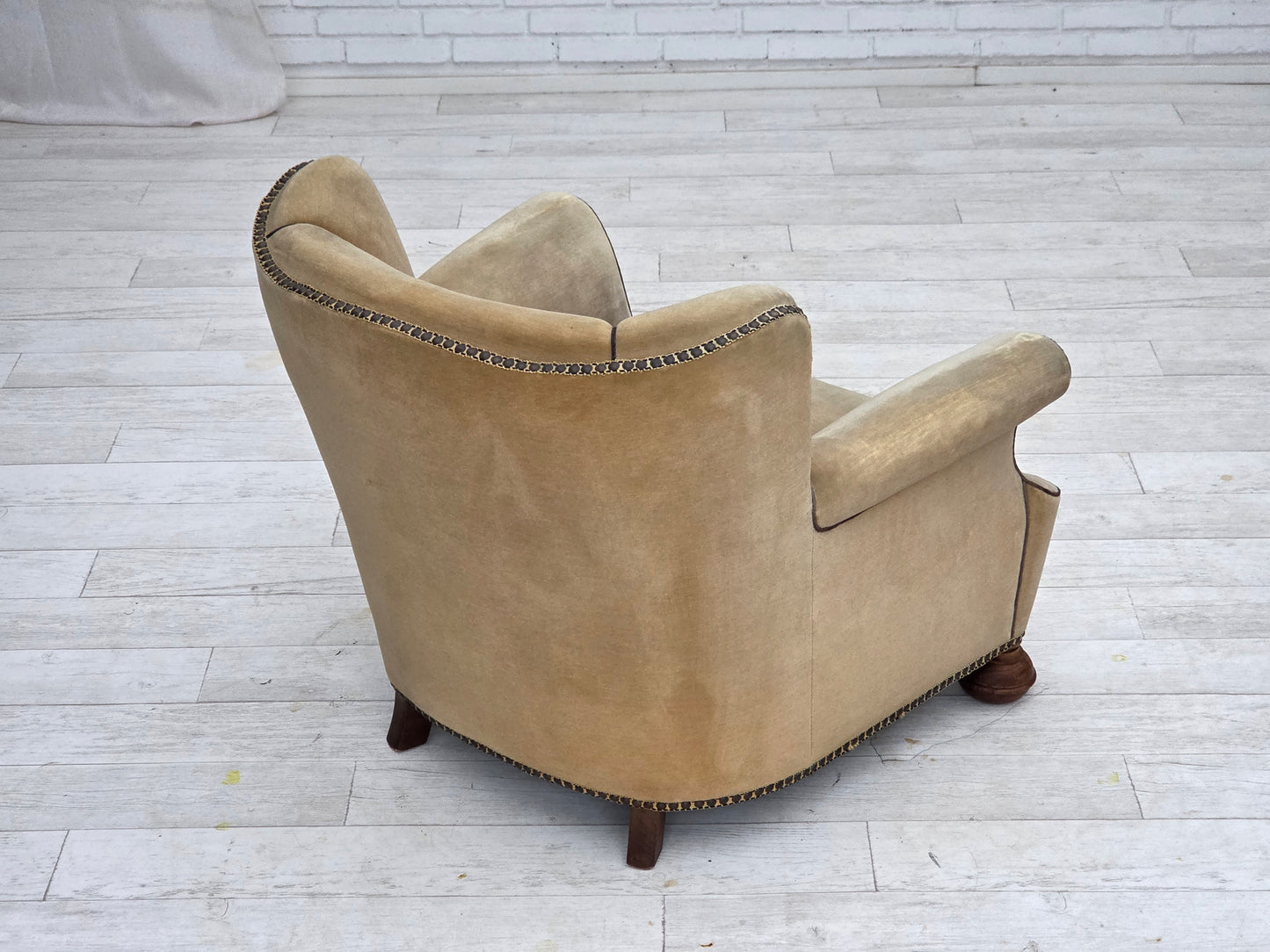 1950s, Danish relax chair, furniture velour with patina, oak wood legs.