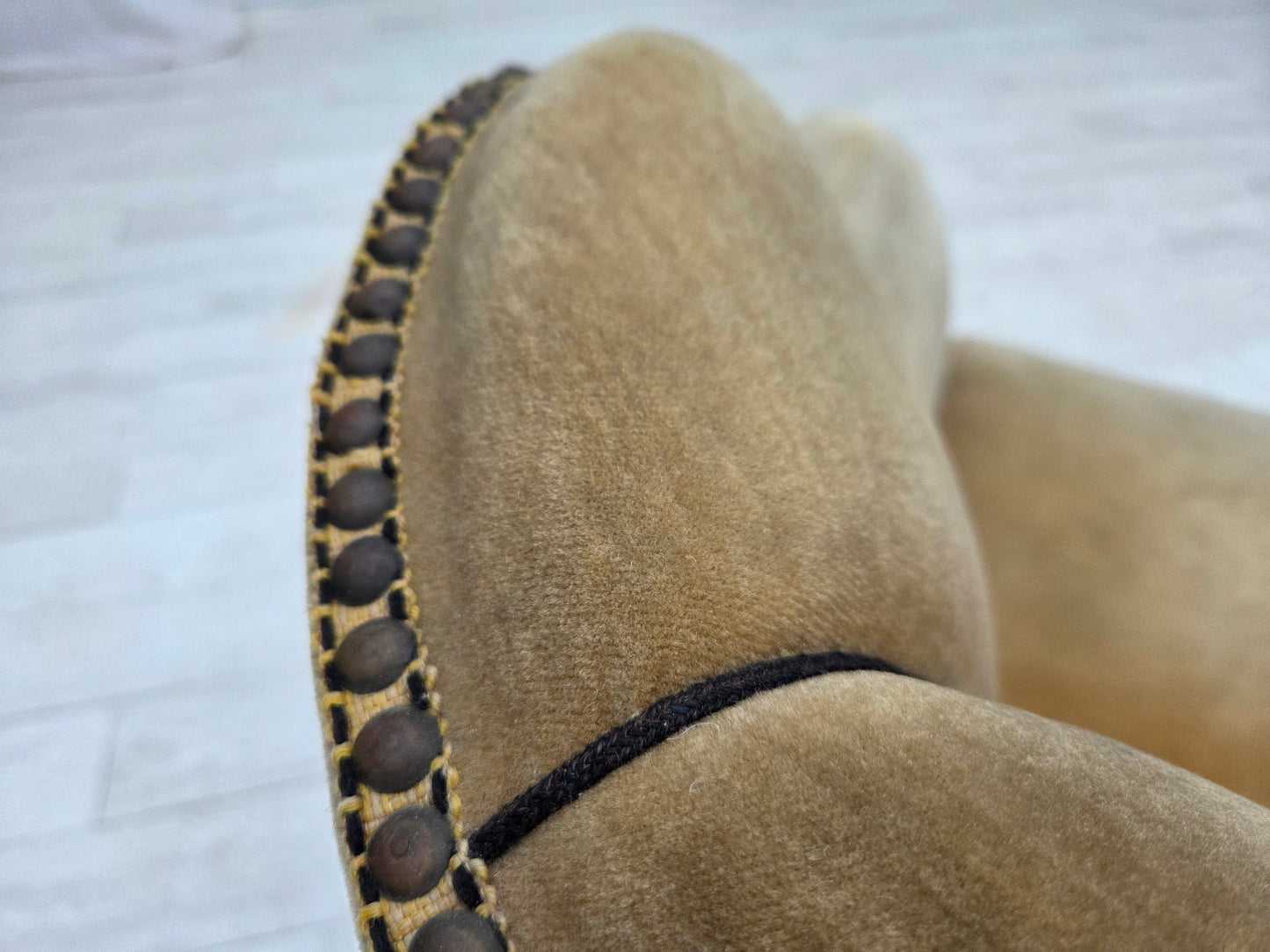 1950s, Danish relax chair, furniture velour with patina, oak wood legs.