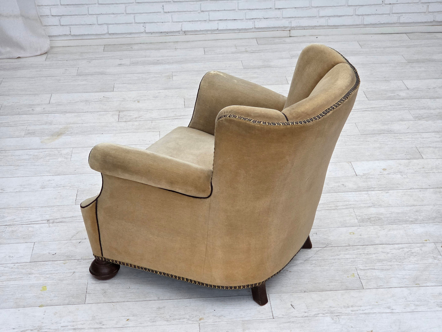 1950s, Danish relax chair, furniture velour with patina, oak wood legs.