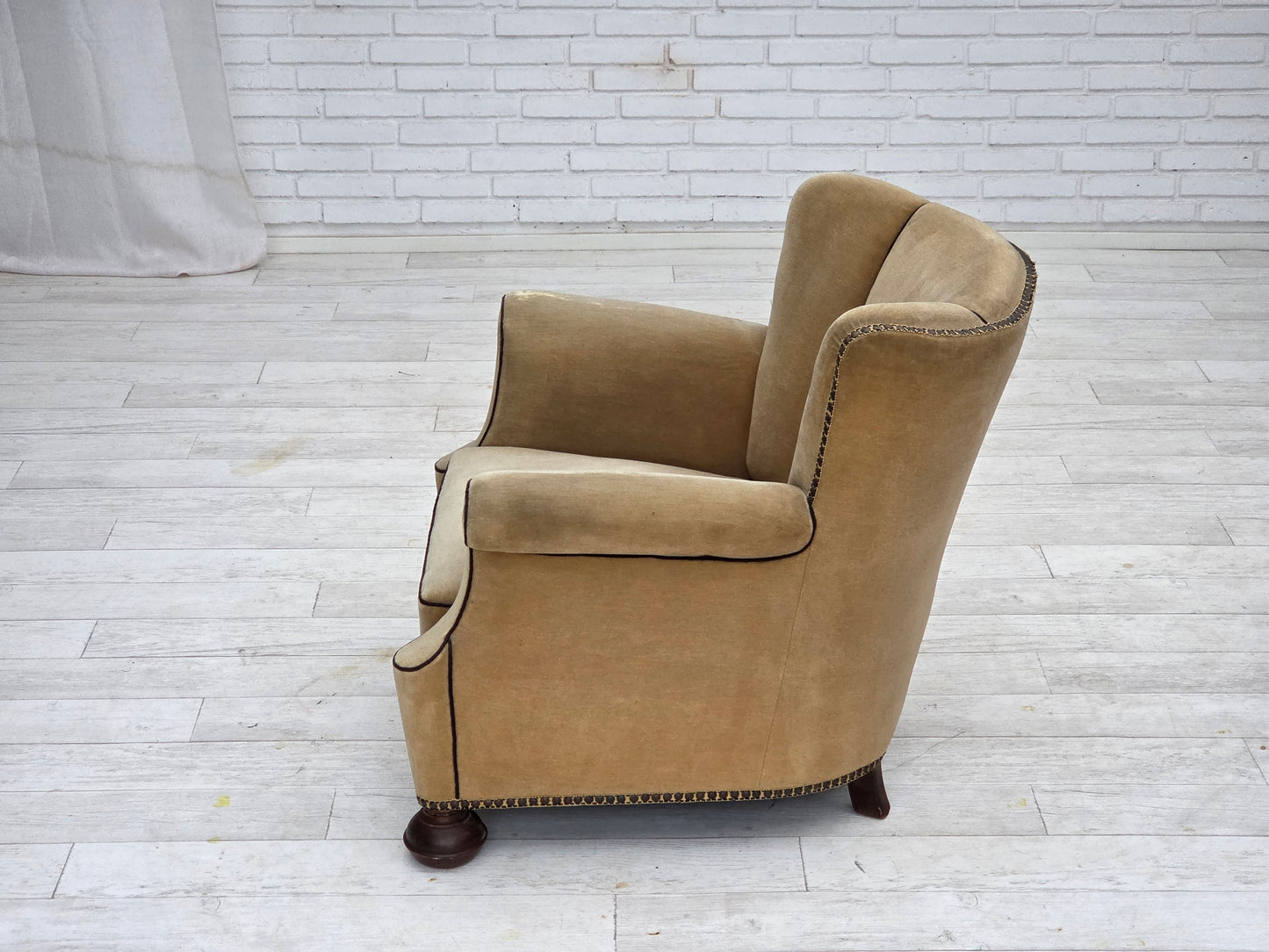 1950s, Danish relax chair, furniture velour with patina, oak wood legs.