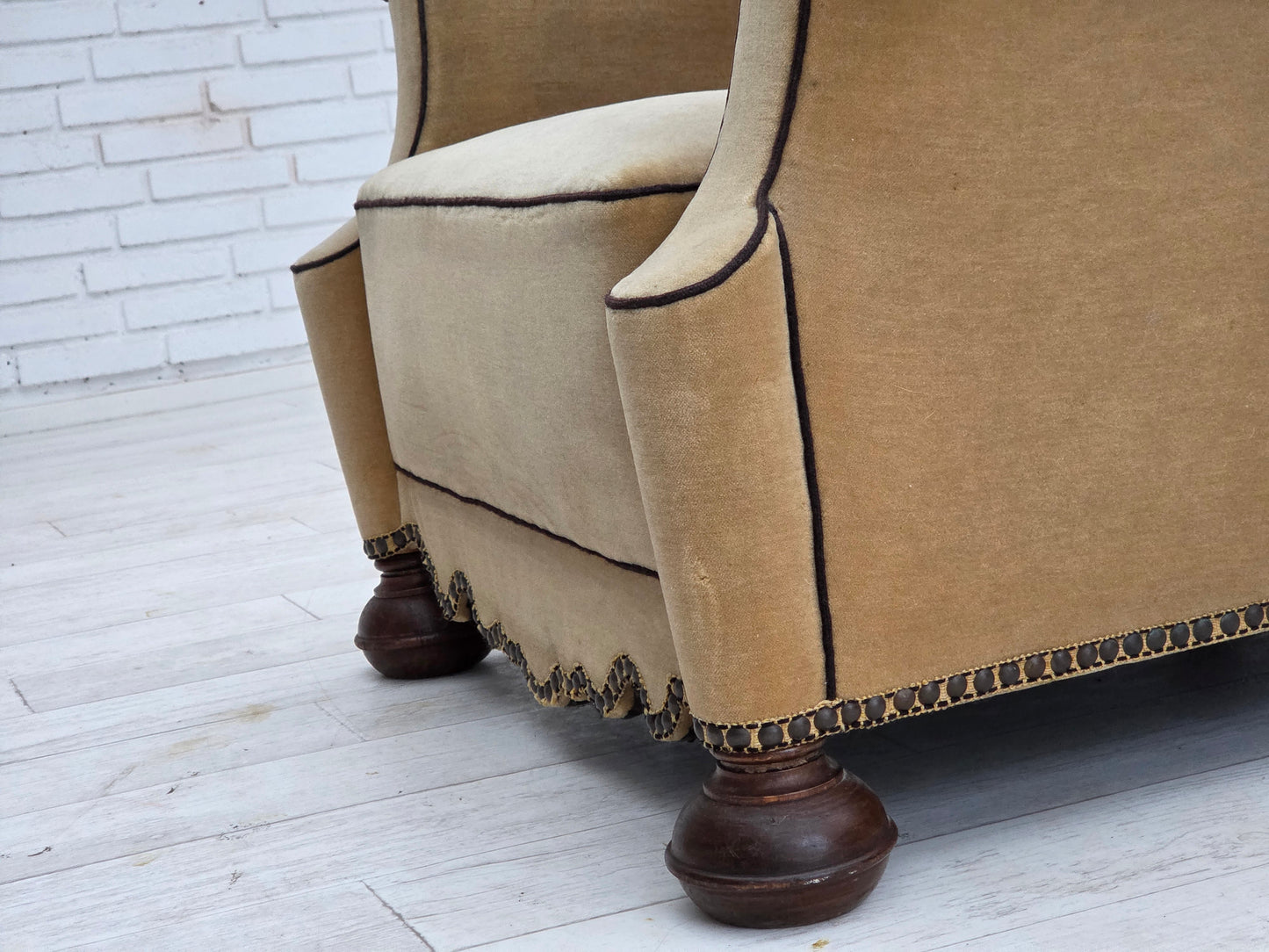 1950s, Danish relax chair, furniture velour with patina, oak wood legs.