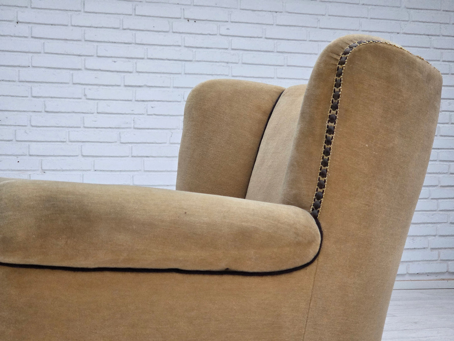 1950s, Danish relax chair, furniture velour with patina, oak wood legs.