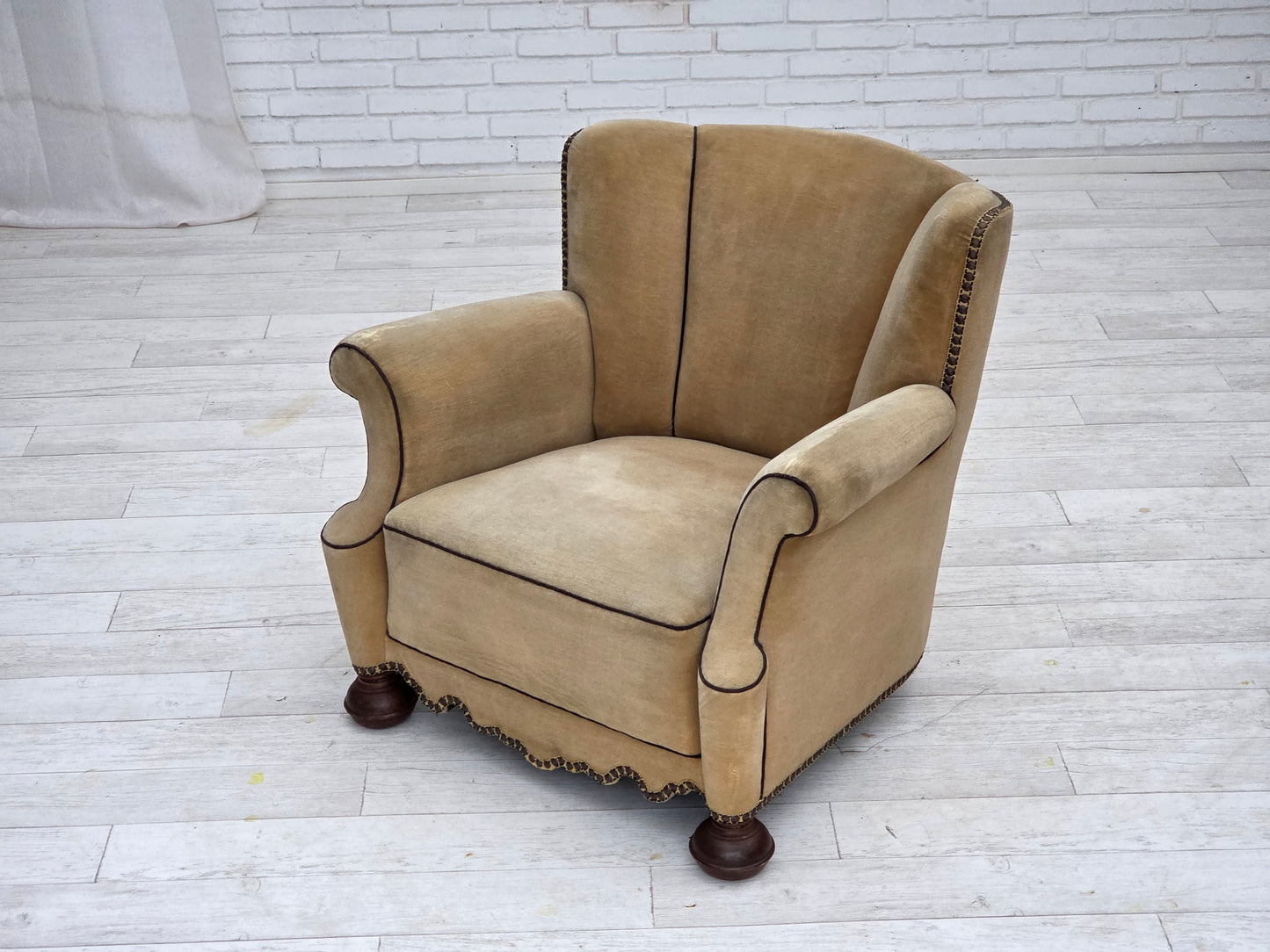 1950s, Danish relax chair, furniture velour with patina, oak wood legs.