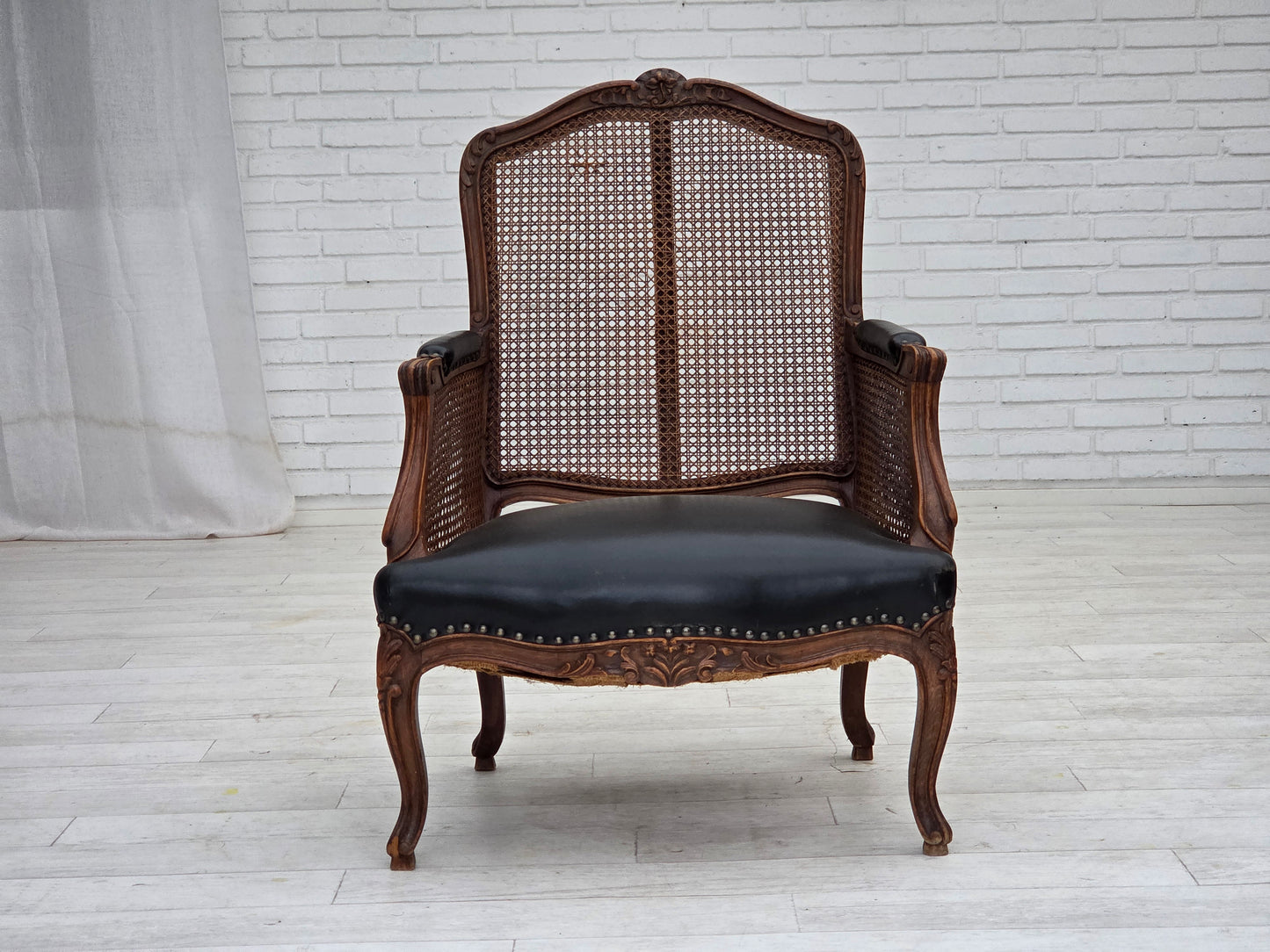 1930s, Danish armchair, furniture leather, ash wood, furniture mesh, reupholstered.