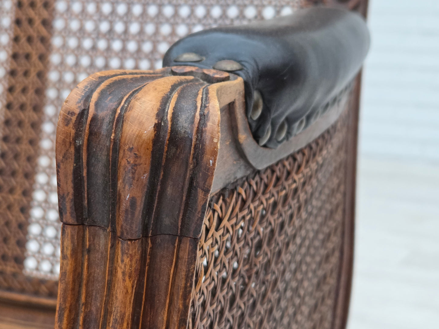 1930s, Danish armchair, furniture leather, ash wood, furniture mesh, reupholstered.