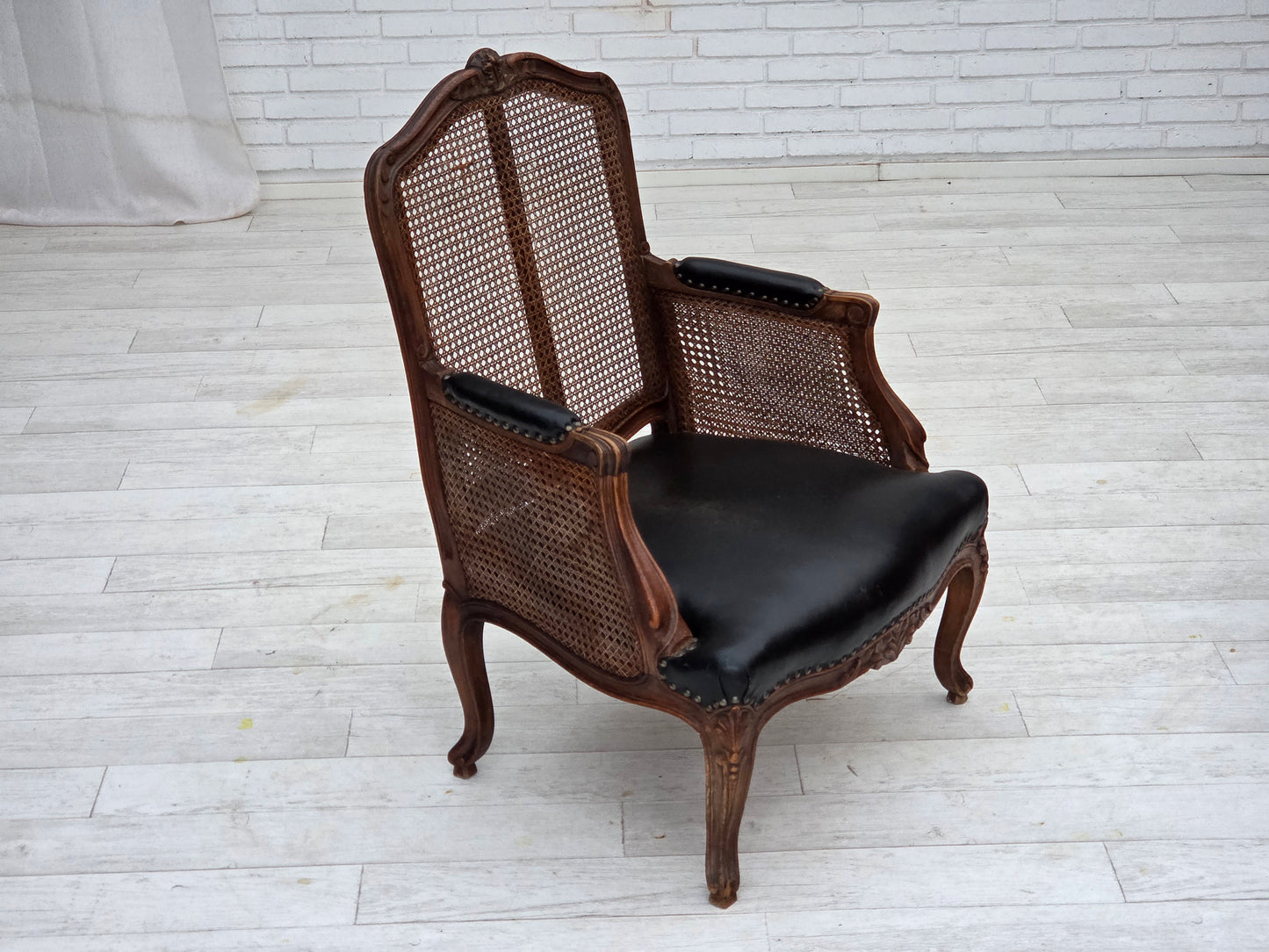 1930s, Danish armchair, furniture leather, ash wood, furniture mesh, reupholstered.