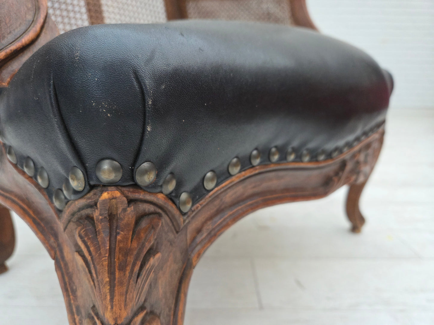 1930s, Danish armchair, furniture leather, ash wood, furniture mesh, reupholstered.