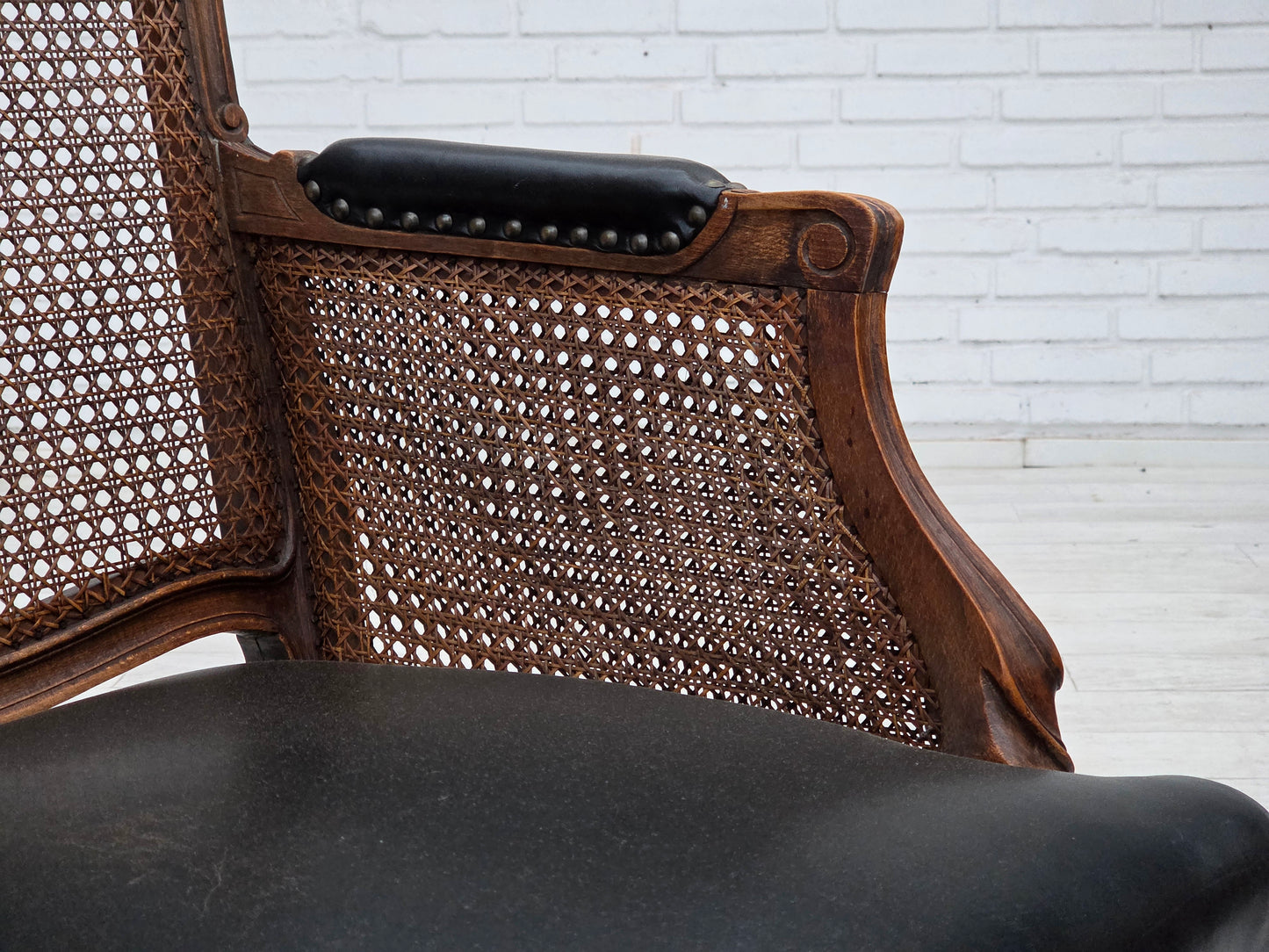 1930s, Danish armchair, furniture leather, ash wood, furniture mesh, reupholstered.