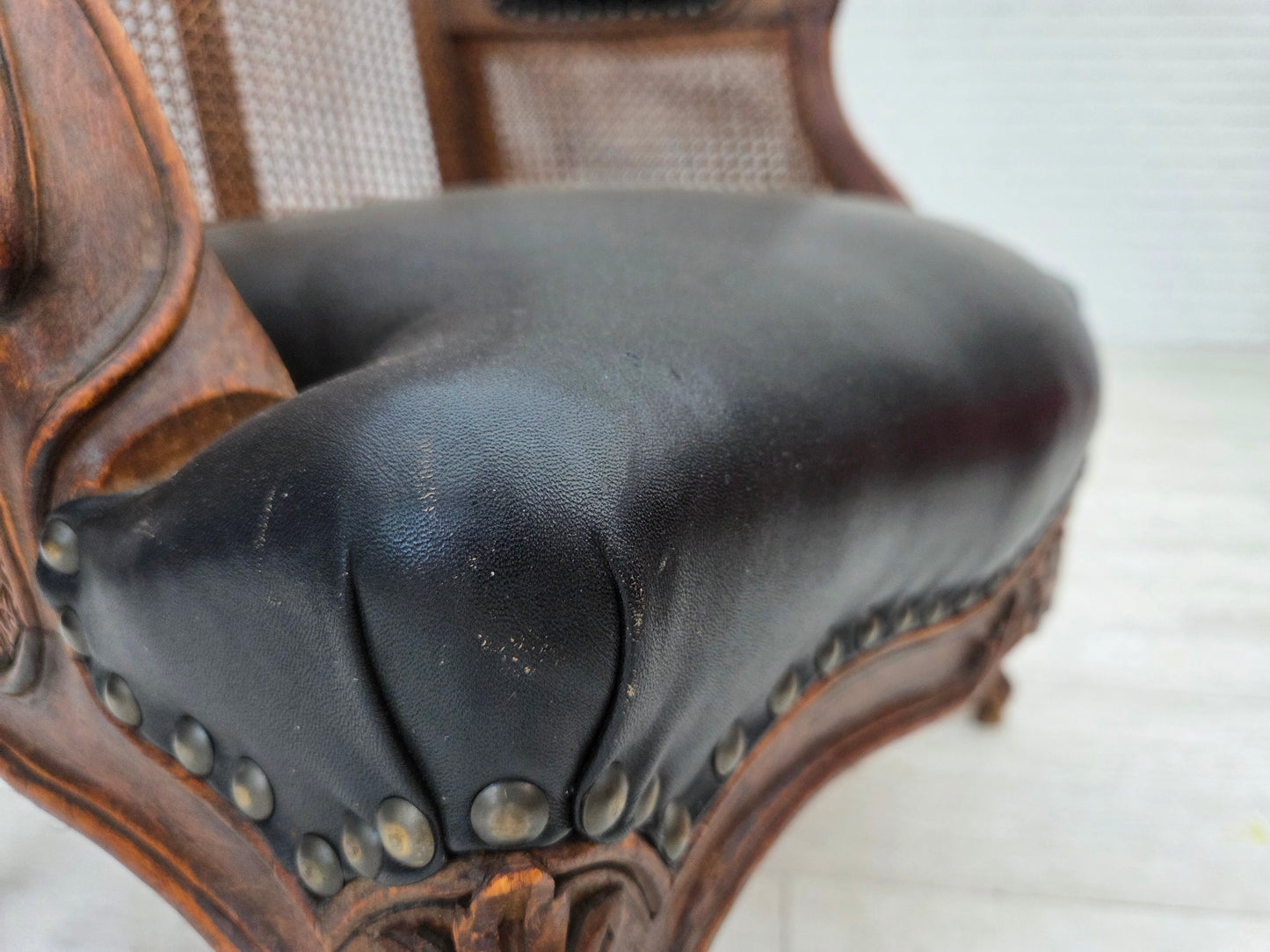 1930s, Danish armchair, furniture leather, ash wood, furniture mesh, reupholstered.