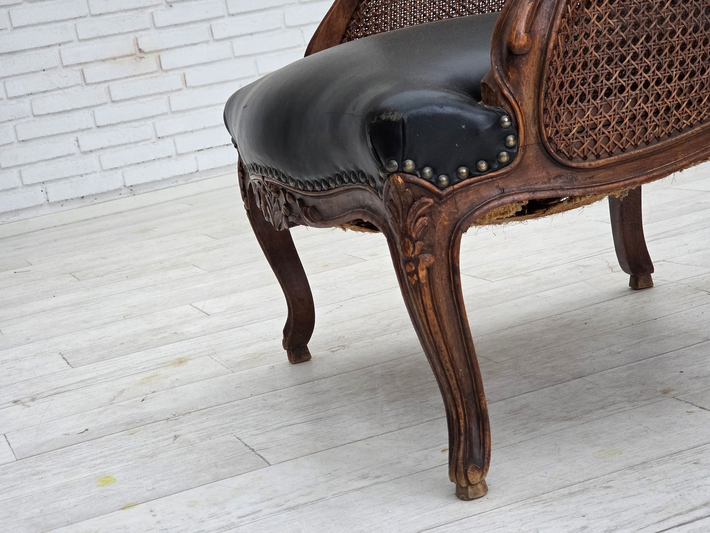 1930s, Danish armchair, furniture leather, ash wood, furniture mesh, reupholstered.