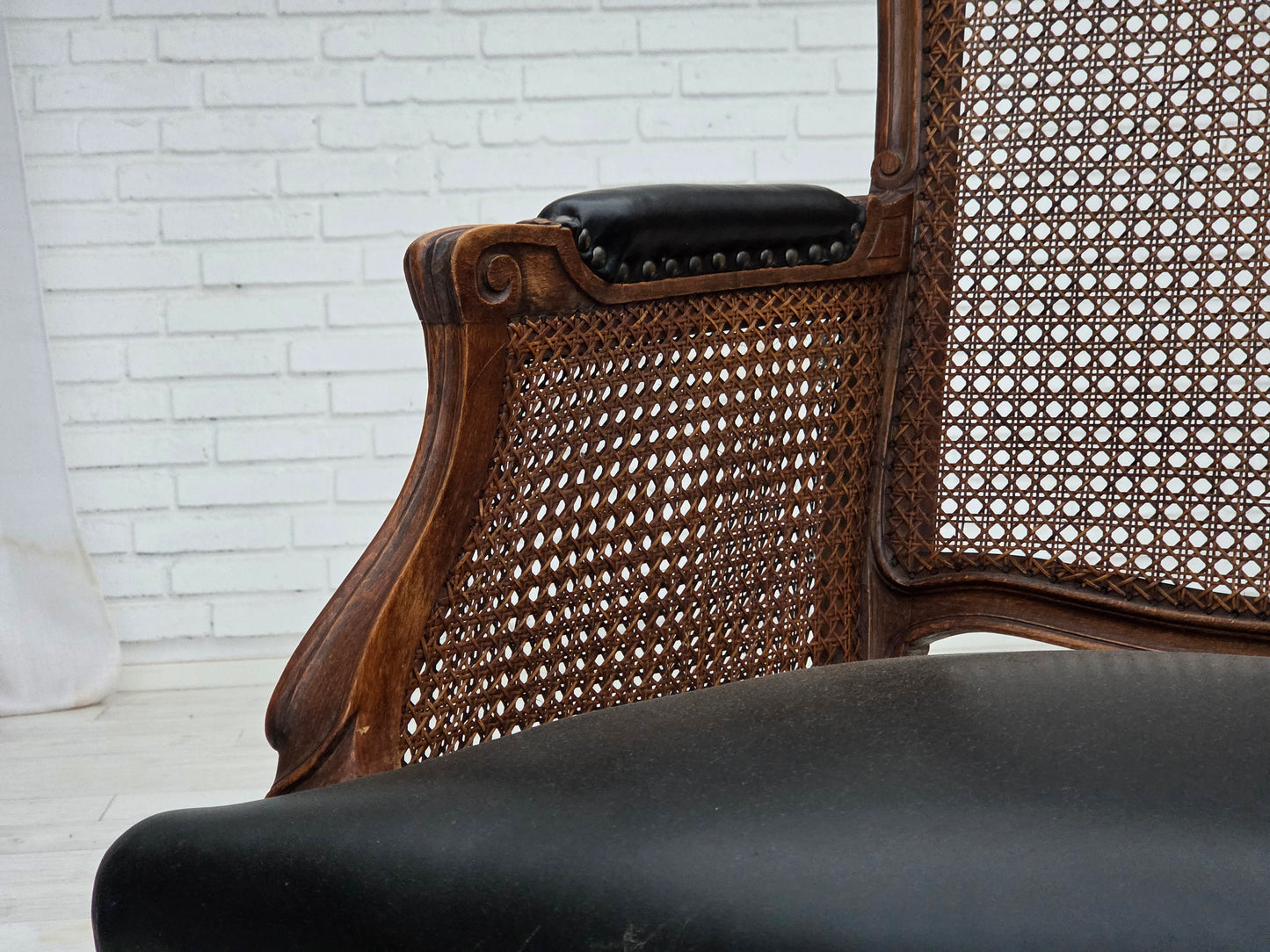 1930s, Danish armchair, furniture leather, ash wood, furniture mesh, reupholstered.