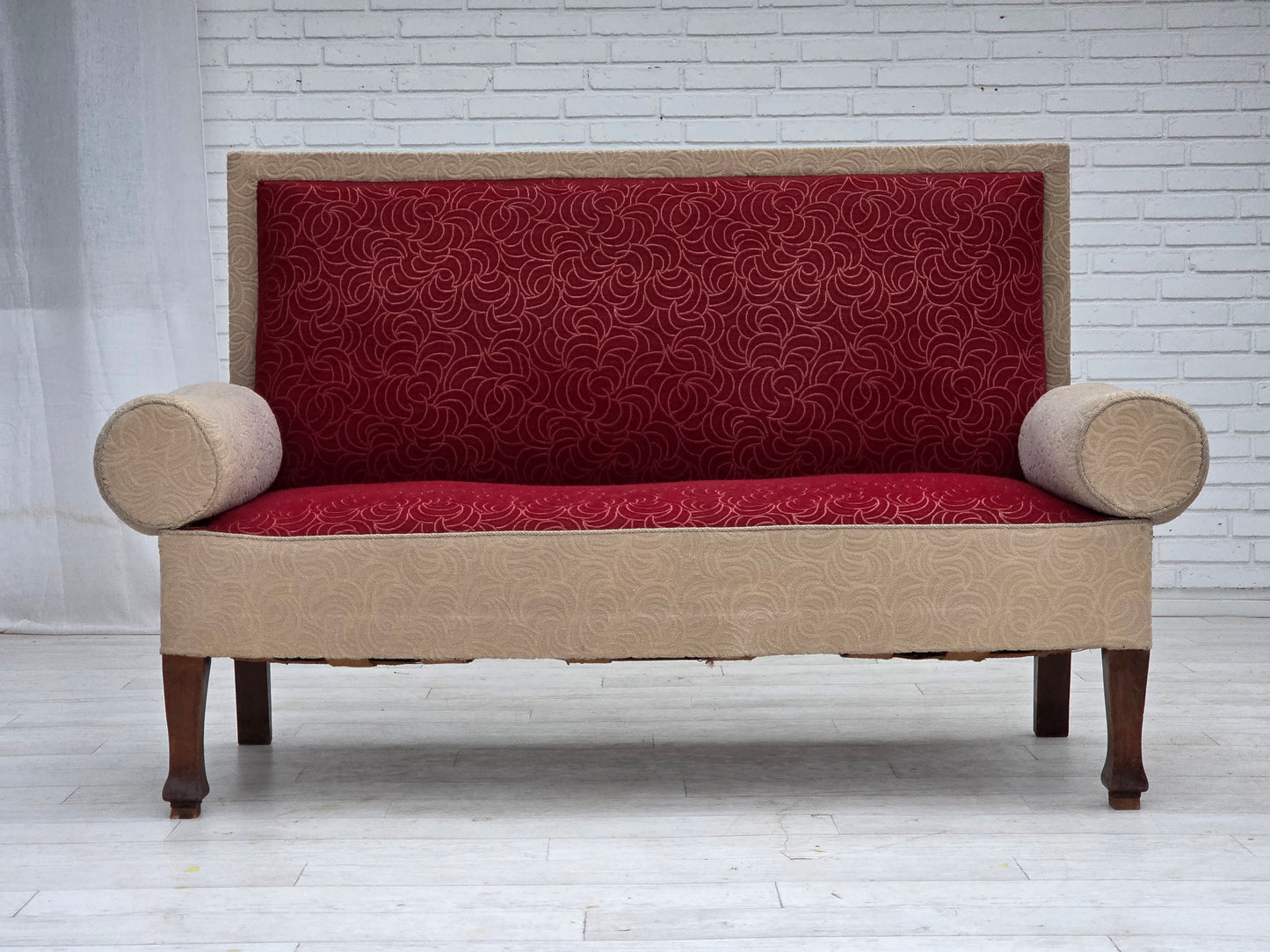 1950s, Danish sofa-daybed, red/beige furniture wool, ash wood legs.