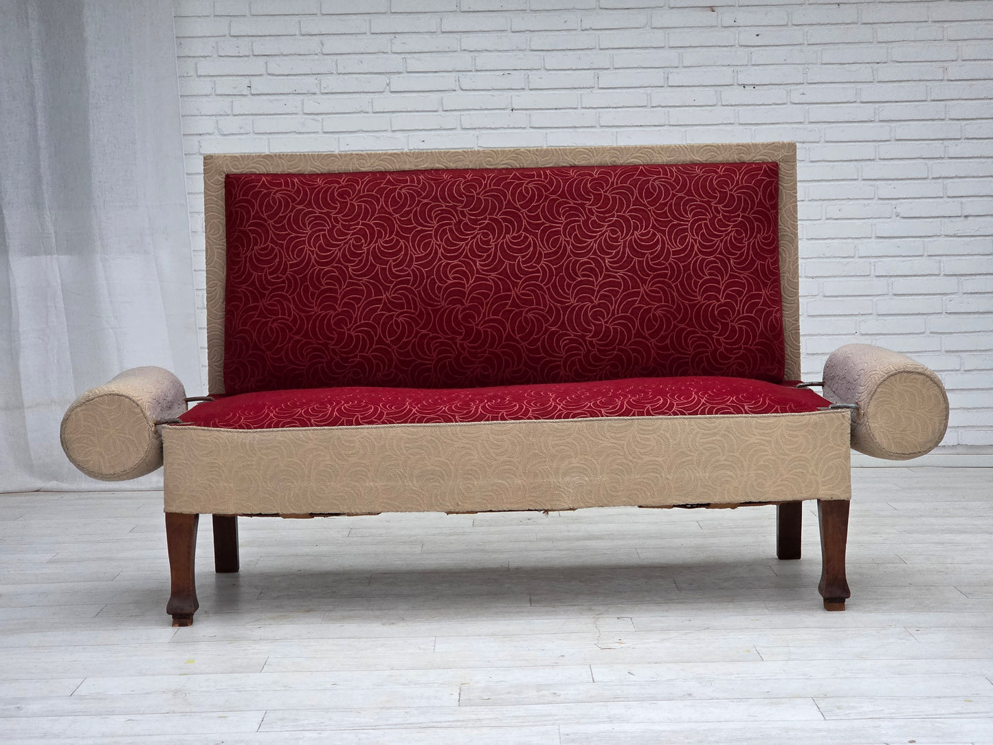 1950s, Danish sofa-daybed, red/beige furniture wool, ash wood legs.