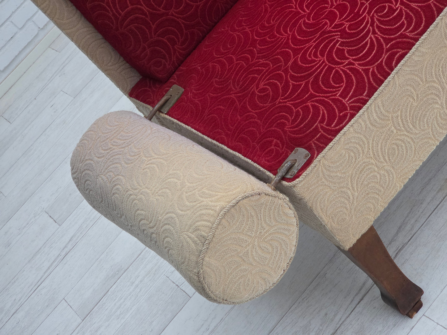 1950s, Danish sofa-daybed, red/beige furniture wool, ash wood legs.