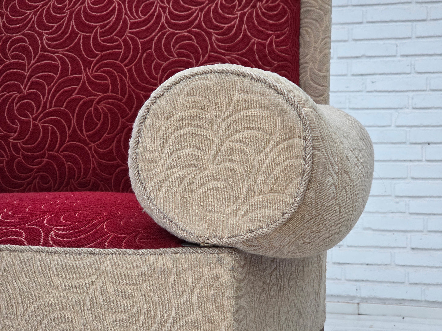 1950s, Danish sofa-daybed, red/beige furniture wool, ash wood legs.