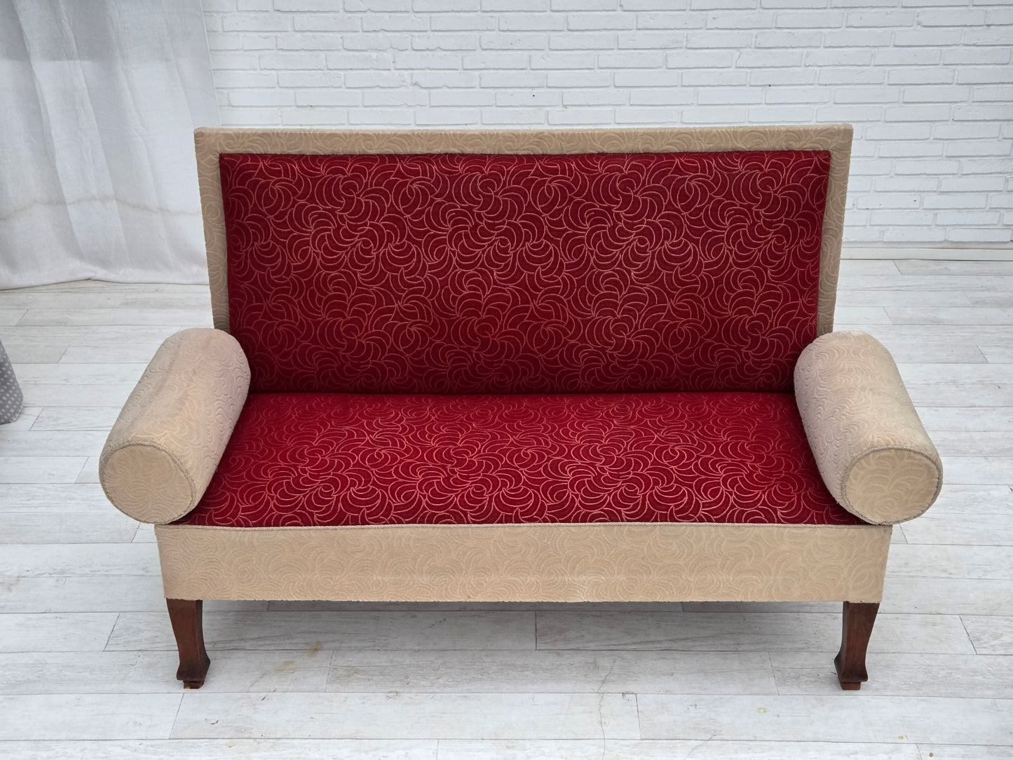 1950s, Danish sofa-daybed, red/beige furniture wool, ash wood legs.