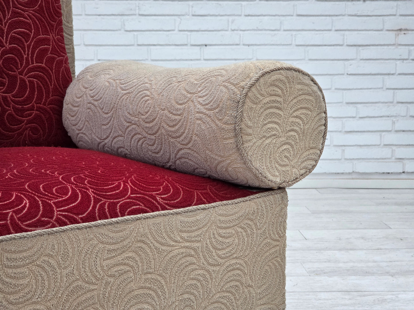 1950s, Danish sofa-daybed, red/beige furniture wool, ash wood legs.