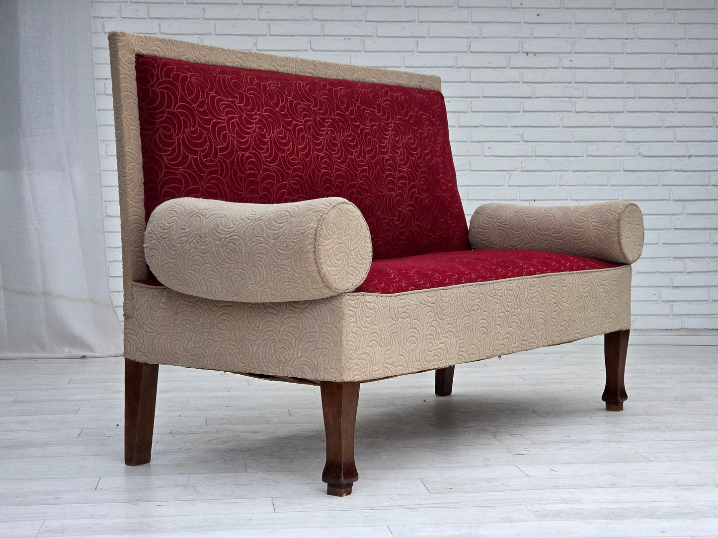 1950s, Danish sofa-daybed, red/beige furniture wool, ash wood legs.