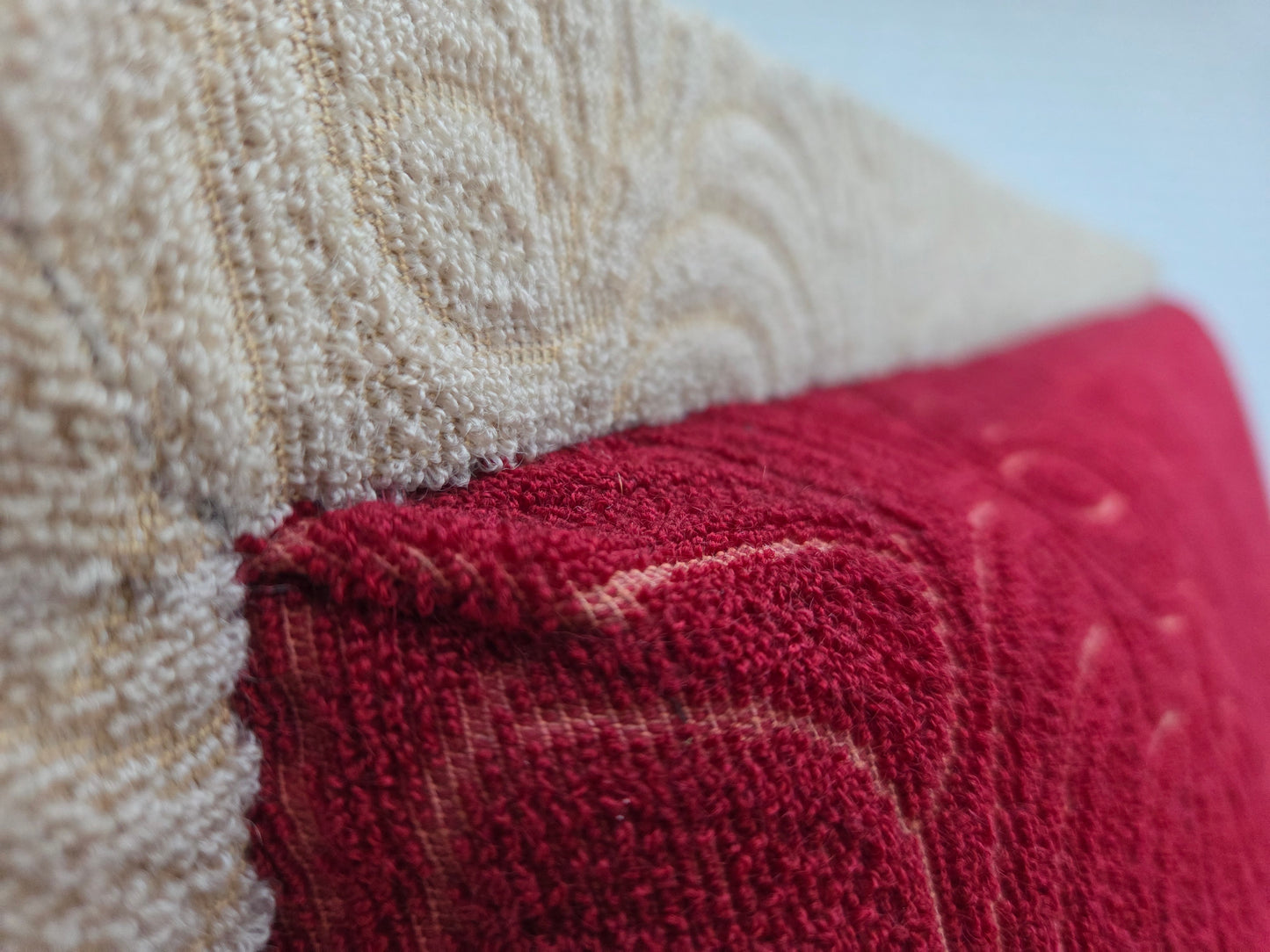 1950s, Danish sofa-daybed, red/beige furniture wool, ash wood legs.