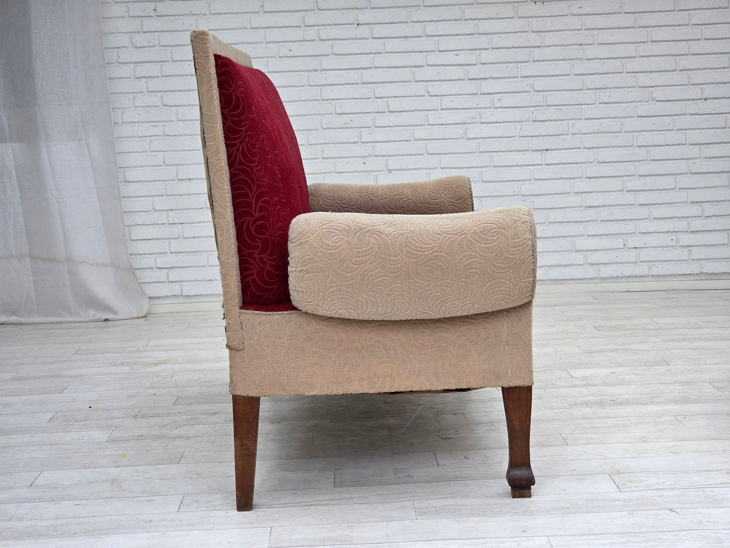1950s, Danish sofa-daybed, red/beige furniture wool, ash wood legs.