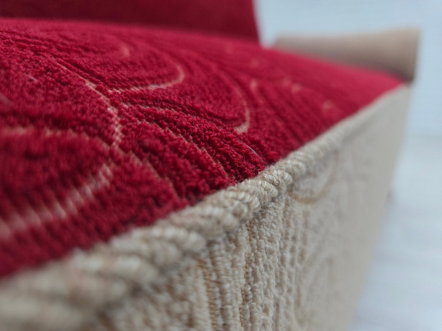 1950s, Danish sofa-daybed, red/beige furniture wool, ash wood legs.