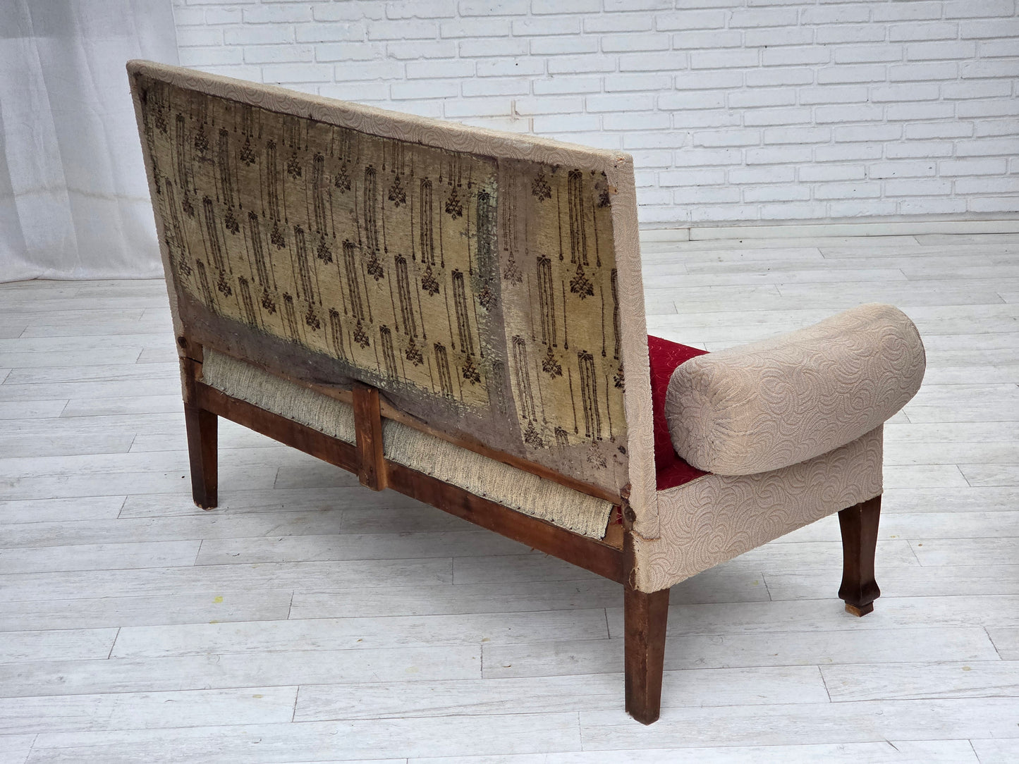 1950s, Danish sofa-daybed, red/beige furniture wool, ash wood legs.