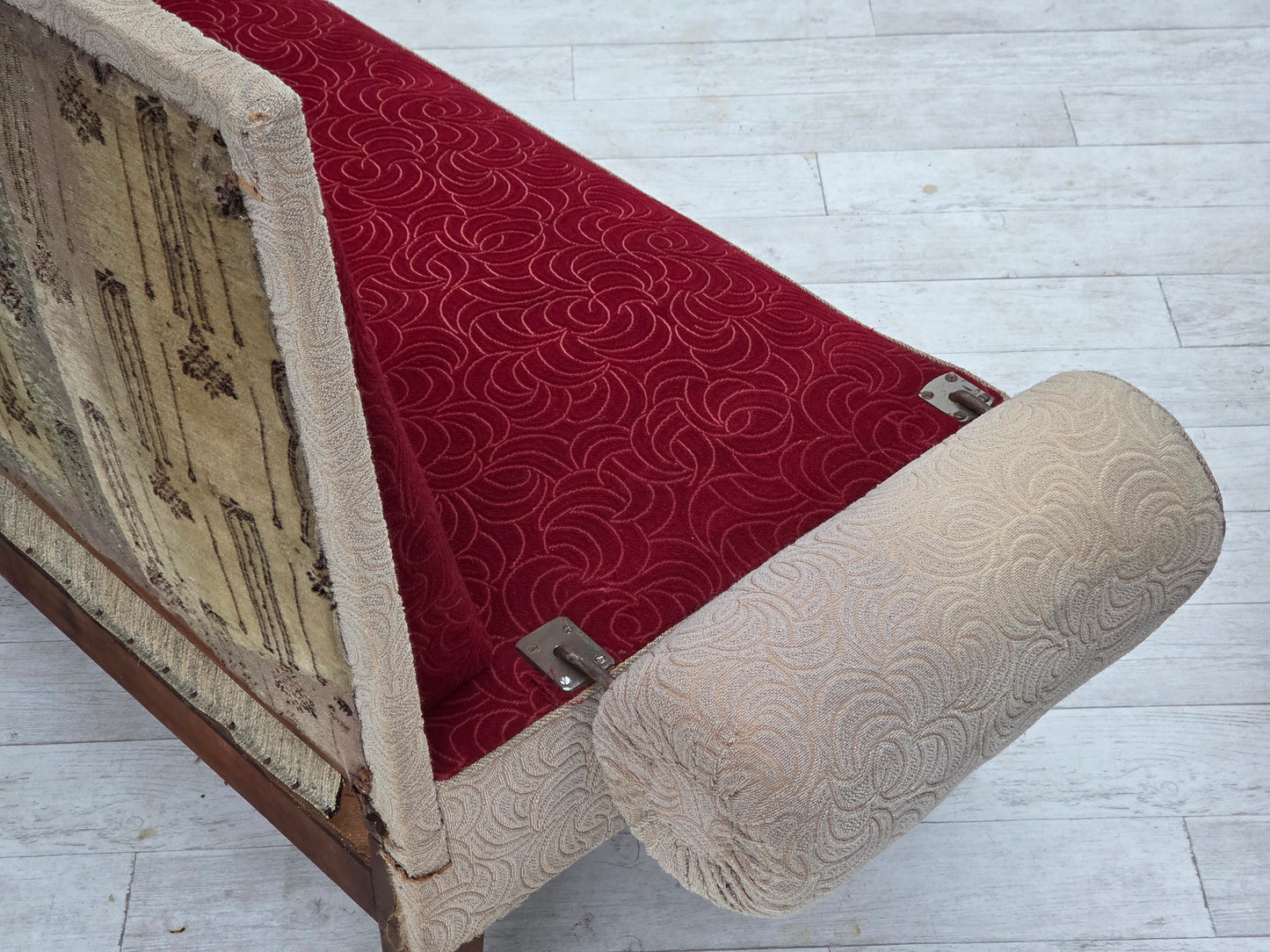 1950s, Danish sofa-daybed, red/beige furniture wool, ash wood legs.
