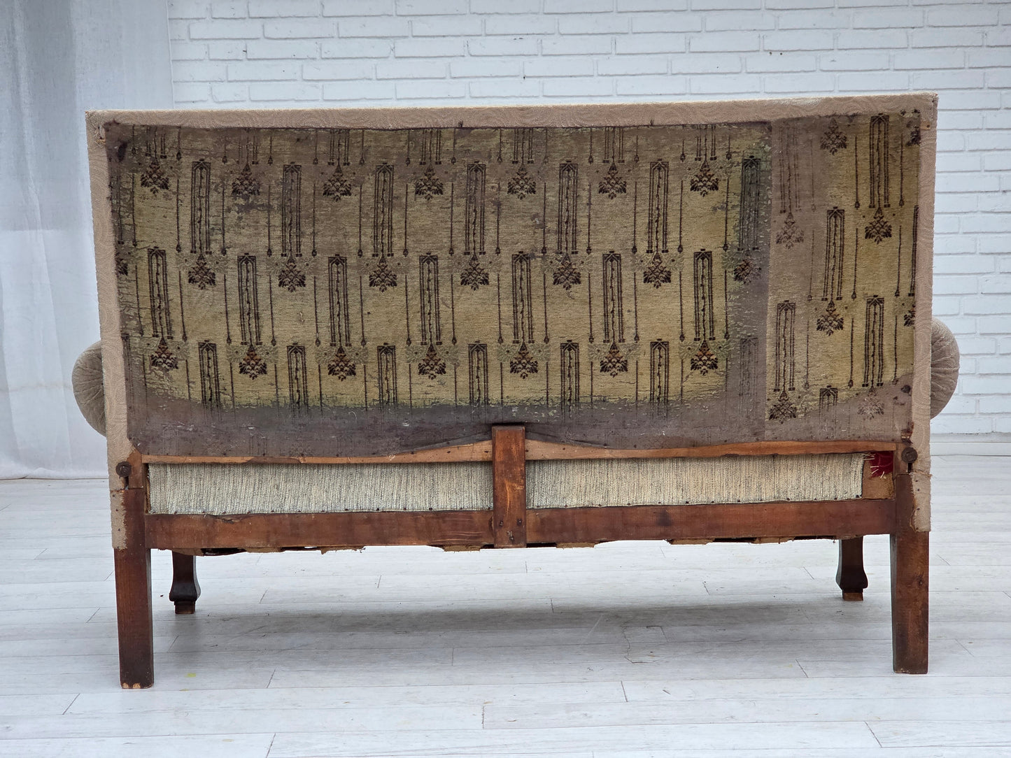 1950s, Danish sofa-daybed, red/beige furniture wool, ash wood legs.