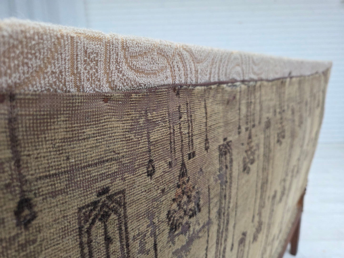 1950s, Danish sofa-daybed, red/beige furniture wool, ash wood legs.