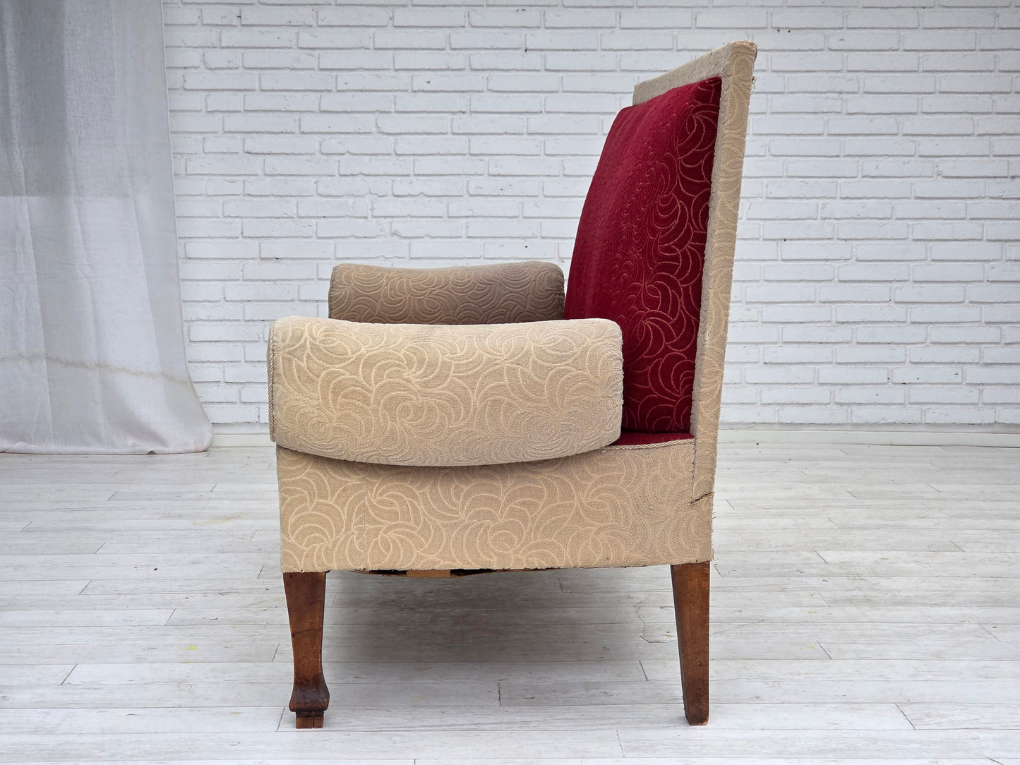 1950s, Danish sofa-daybed, red/beige furniture wool, ash wood legs.