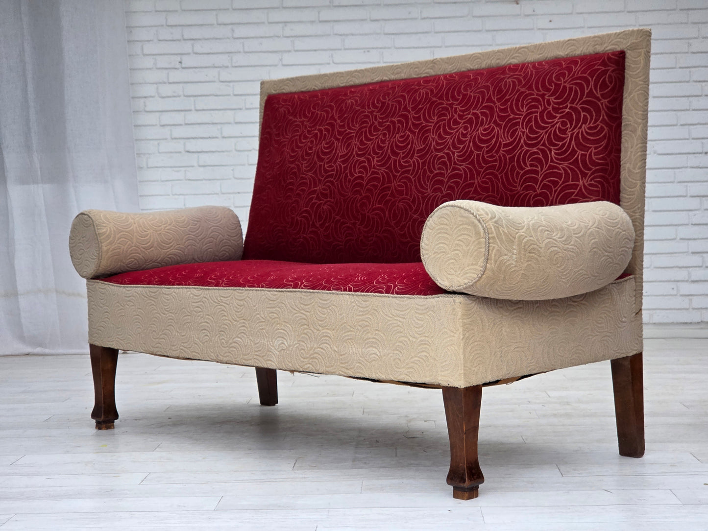 1950s, Danish sofa-daybed, red/beige furniture wool, ash wood legs.