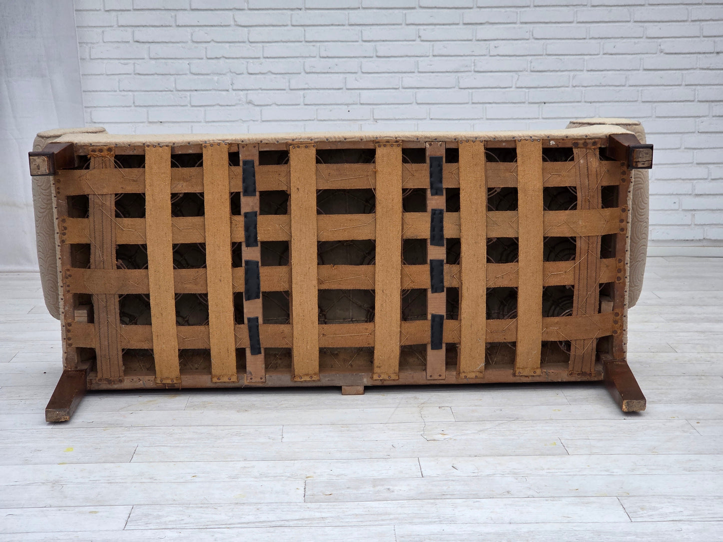 1950s, Danish sofa-daybed, red/beige furniture wool, ash wood legs.