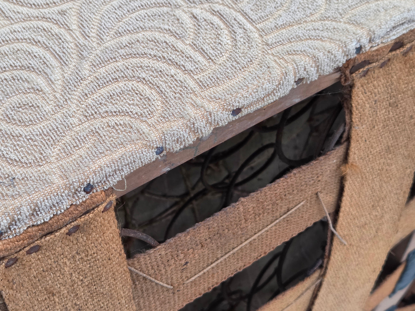 1950s, Danish sofa-daybed, red/beige furniture wool, ash wood legs.