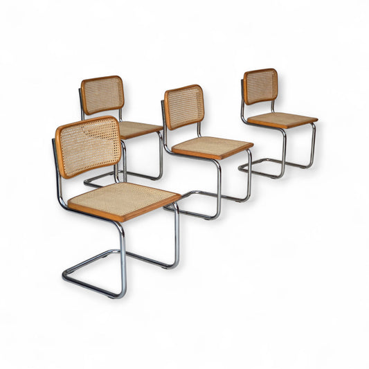 1970s, set of 4 Italian chairs in Bauhaus style, chrome steel, beech wood, furniture mesh.