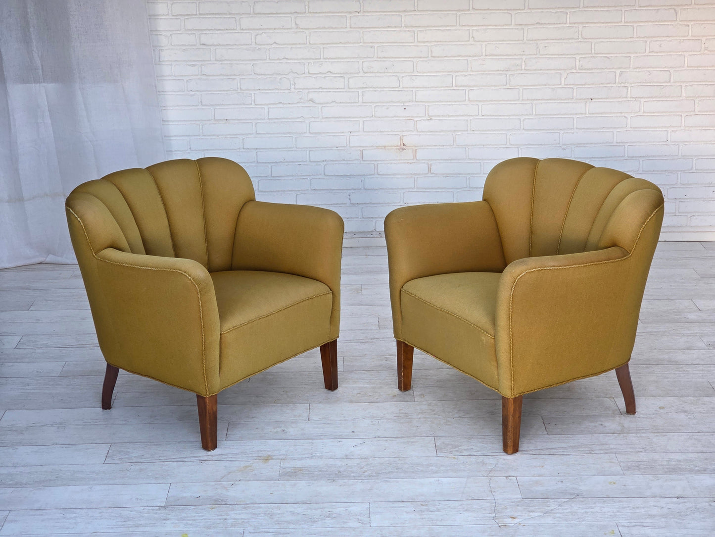 1960s, pair of Danish armchairs, green furniture wool, ash wood legs.