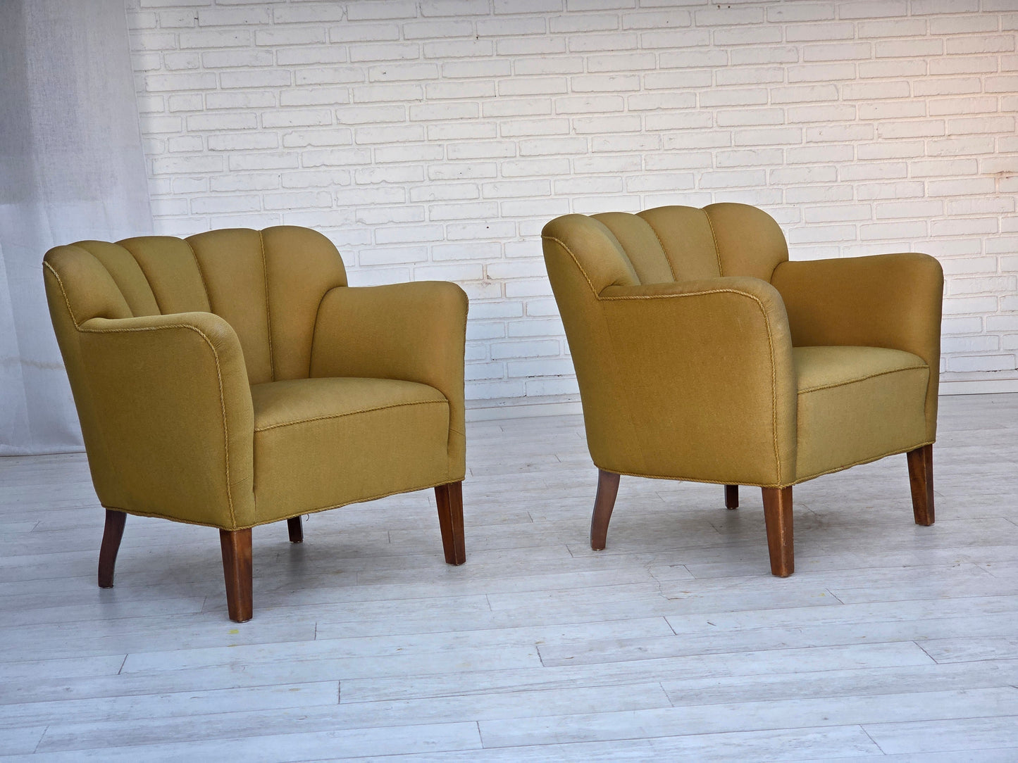 1960s, pair of Danish armchairs, green furniture wool, ash wood legs.