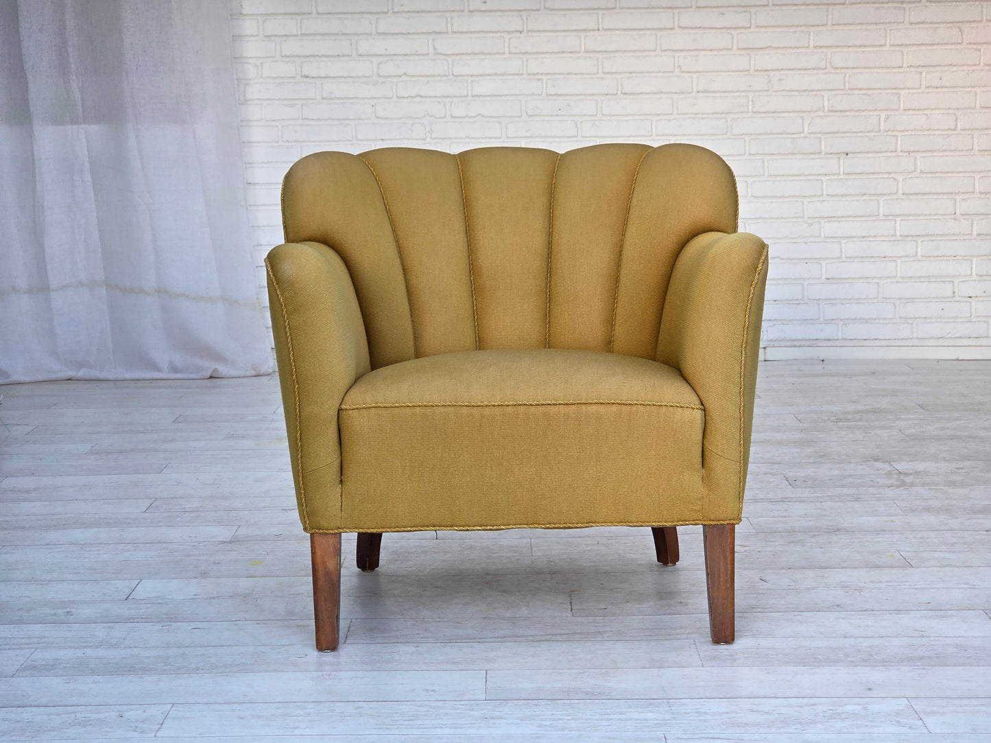 1960s, pair of Danish armchairs, green furniture wool, ash wood legs.