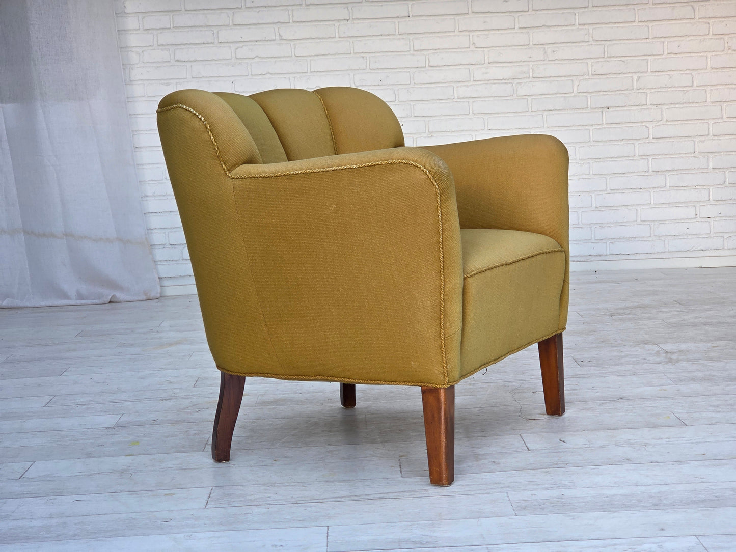 1960s, pair of Danish armchairs, green furniture wool, ash wood legs.