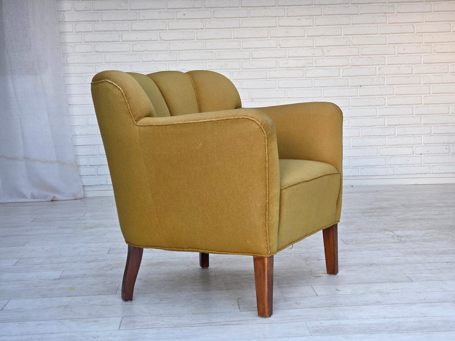 1960s, pair of Danish armchairs, green furniture wool, ash wood legs.