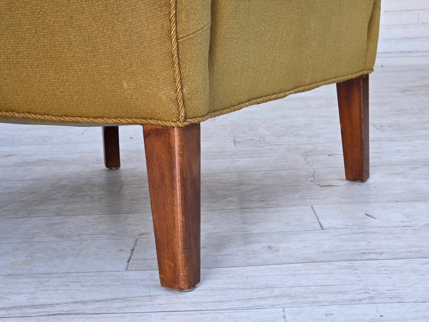1960s, pair of Danish armchairs, green furniture wool, ash wood legs.