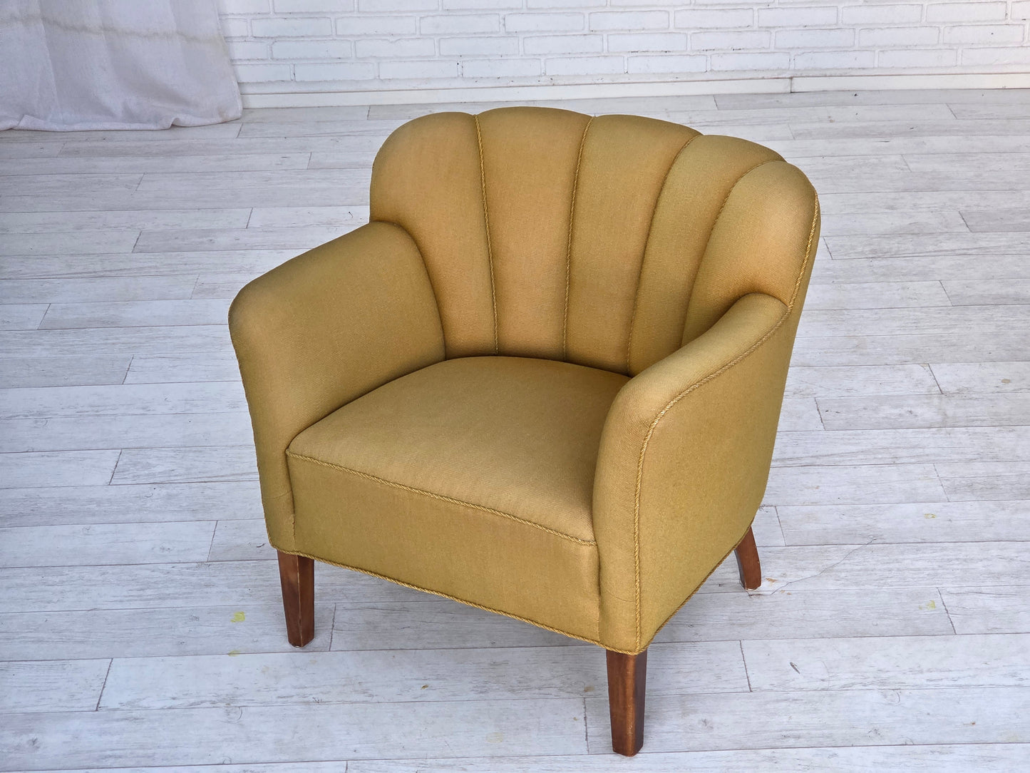 1960s, pair of Danish armchairs, green furniture wool, ash wood legs.