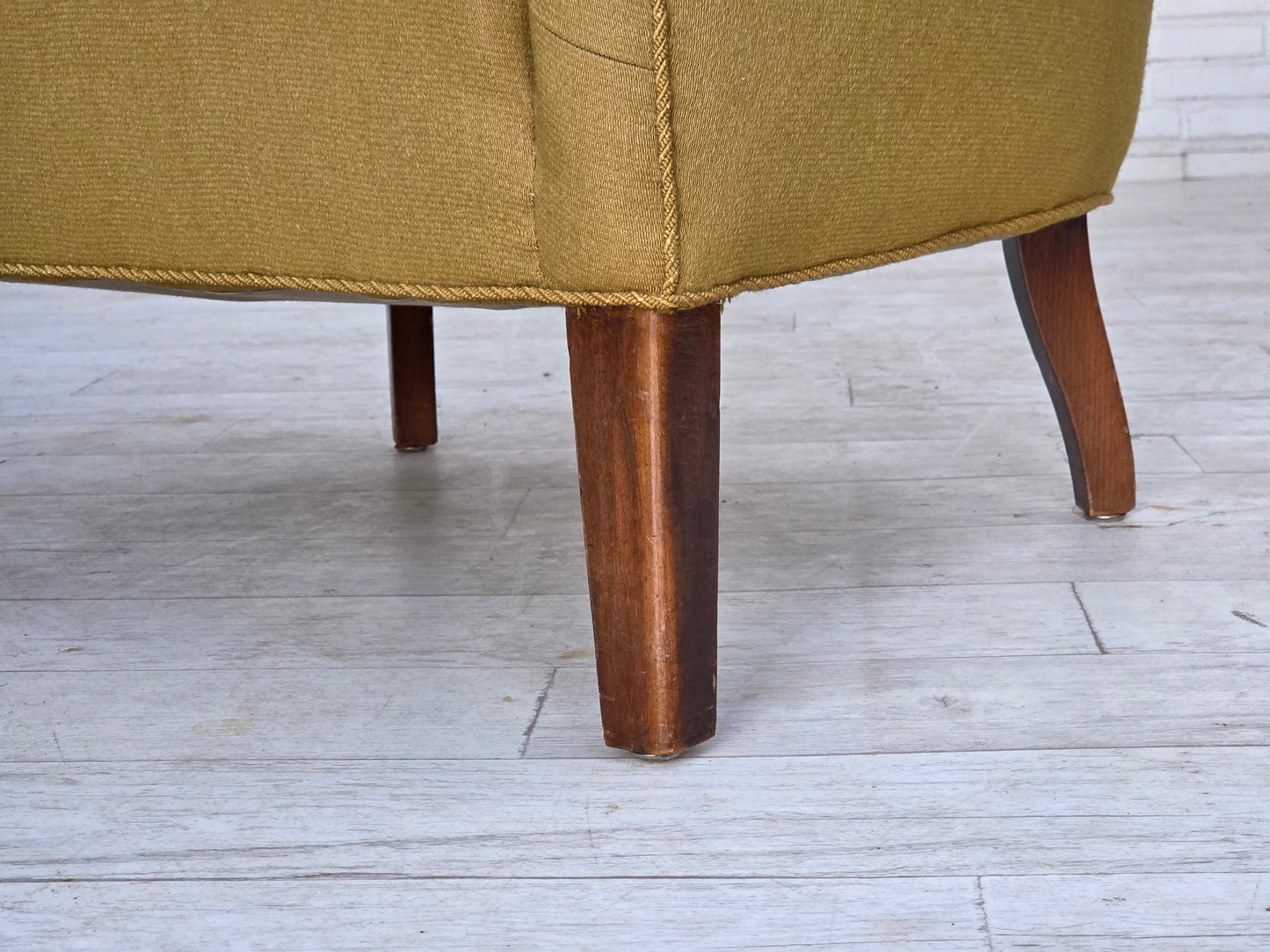 1960s, pair of Danish armchairs, green furniture wool, ash wood legs.