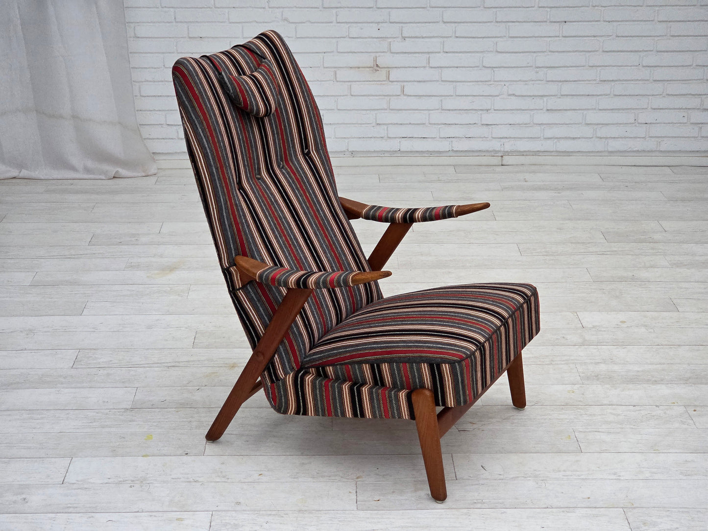 1960s, Swedish armchair, striped furniture wool fabric, oak wood, teak wood.