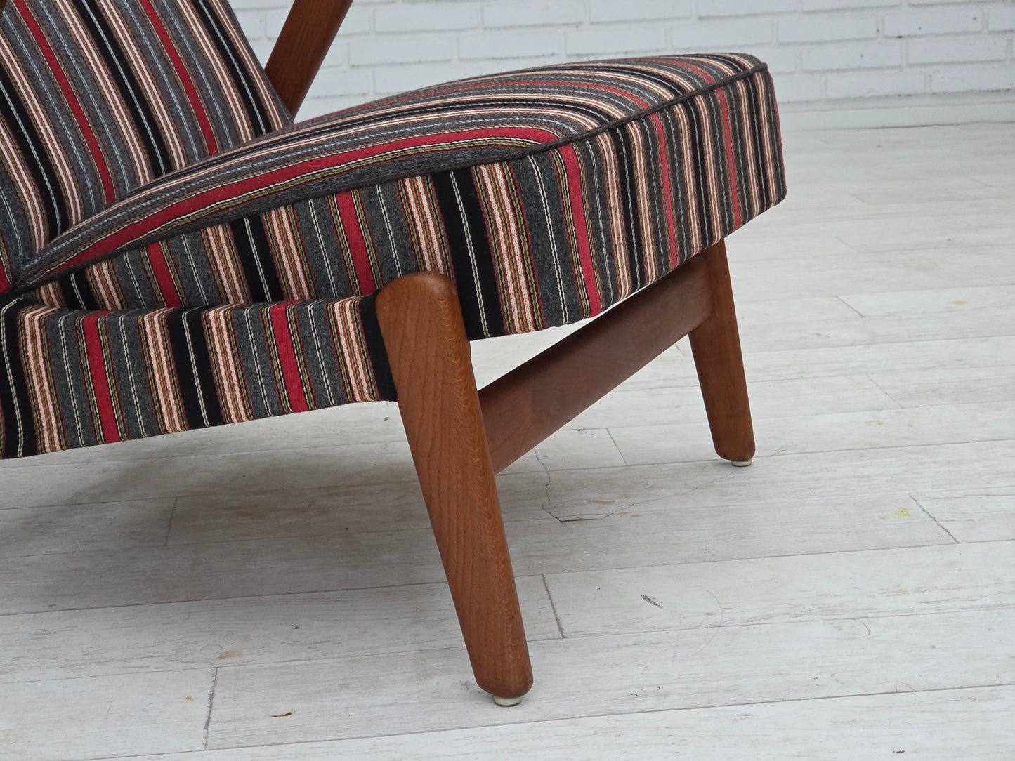 1960s, Swedish armchair, striped furniture wool fabric, oak wood, teak wood.