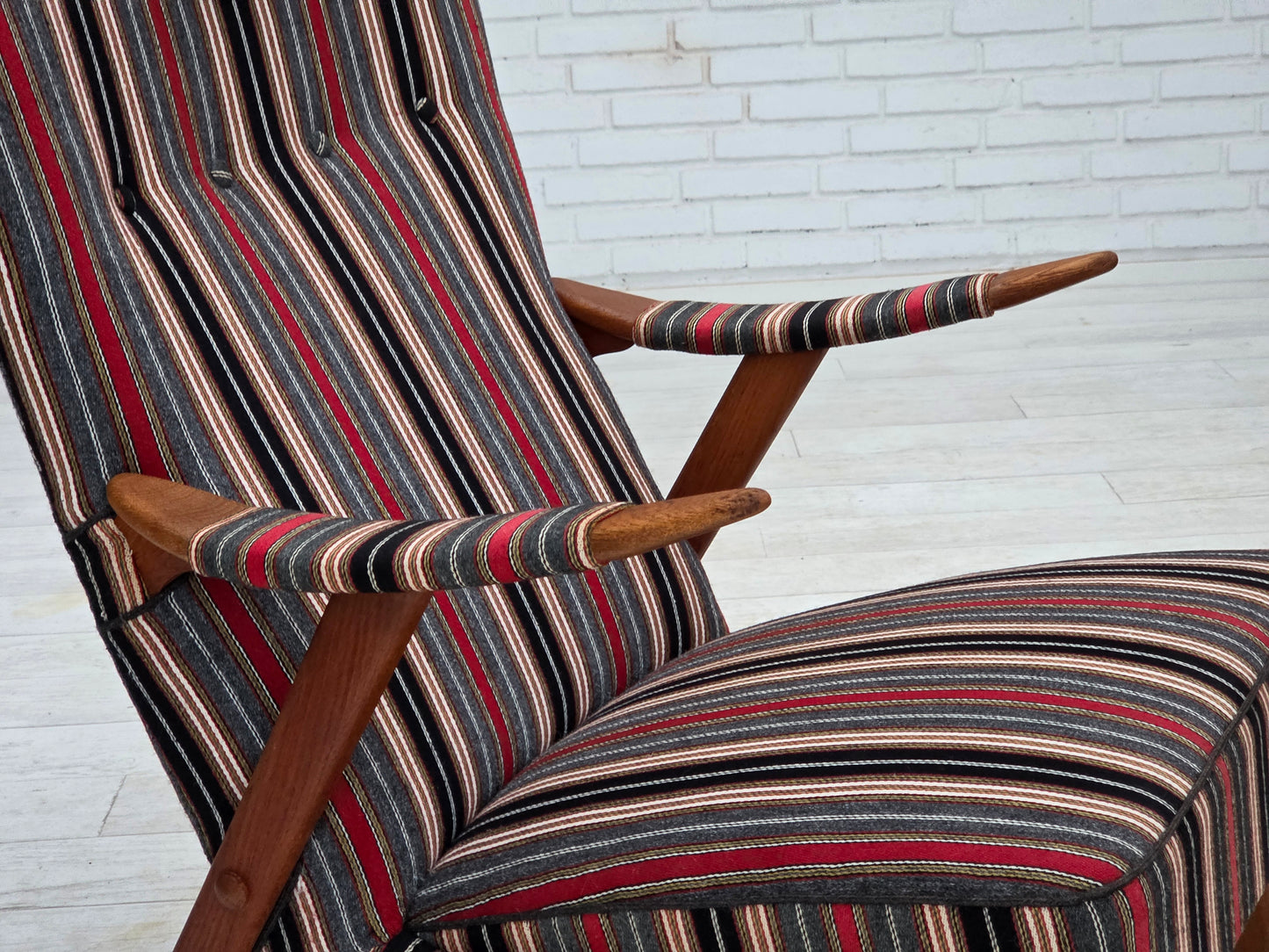 1960s, Swedish armchair, striped furniture wool fabric, oak wood, teak wood.