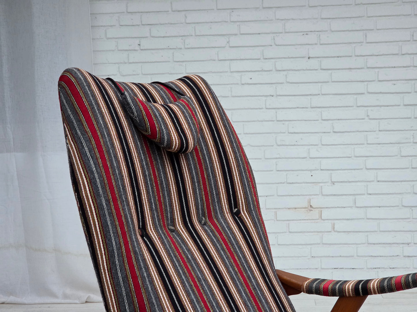 1960s, Swedish armchair, striped furniture wool fabric, oak wood, teak wood.